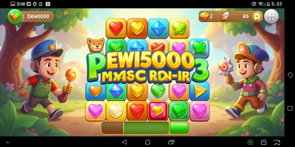 Screenshot gameplay DEWI5000 menampilkan aksi mencocokkan permata yang seru.