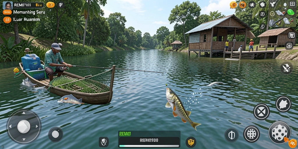 Screenshot gameplay REMI101 menunjukkan momen menangkap ikan yang mendebarkan.