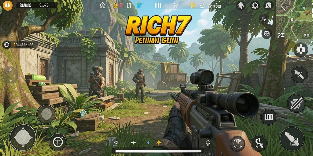 Tampilan screenshot utama RICH7 menampilkan aksi tembak-menembak yang seru dalam mode TPS.